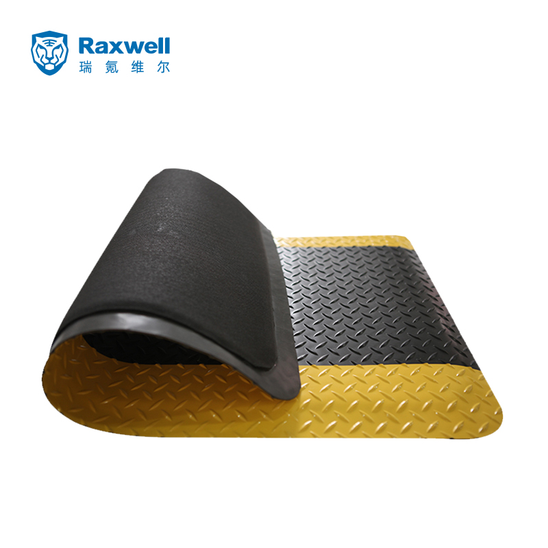 Raxwell 抗疲劳地垫，耐用型铁板纹抗疲劳地垫，黑色+黄边，0.6m*0.9m*12mm(宽x长x厚） 单位：片