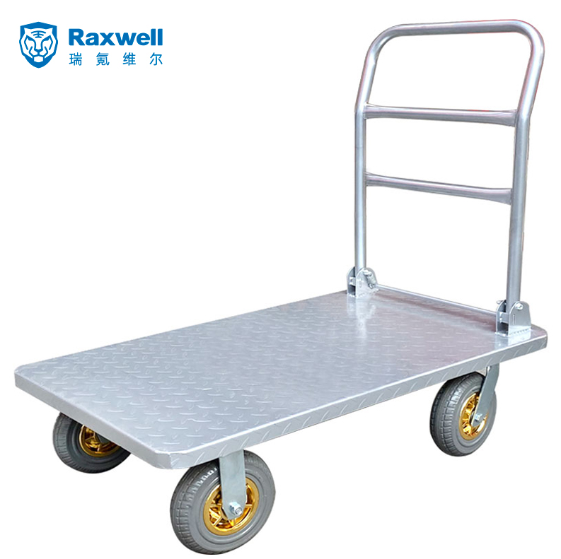 Raxwell 重型钢板推车，最大载重300kg，TPR静音轮，光板带护角，870mm*580mm，银色