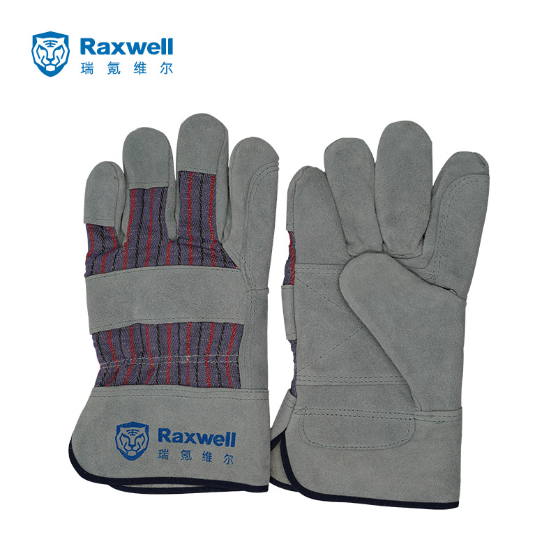 Raxwell 加固款牛皮半皮手套，条纹背布，掌心加固，RW2513，12副/袋
