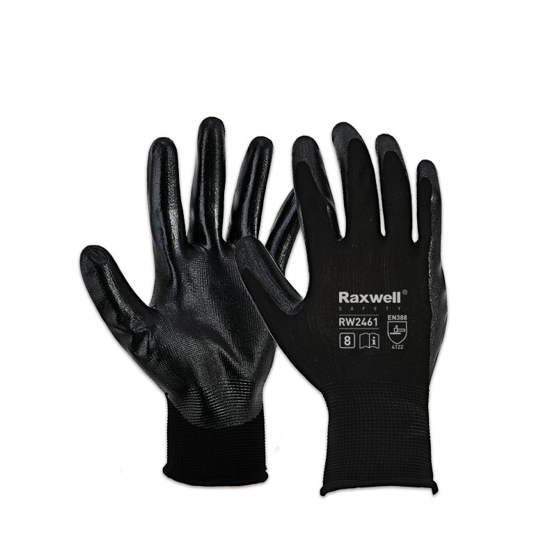 Raxwell 涤纶针织丁腈工作手套，掌浸，黑色，L码，RW2462，12副/袋